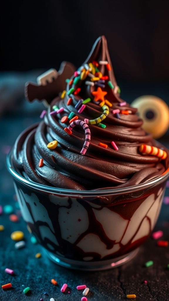 A chilling bowl of ice cream with dark swirls and spooky decorations, perfect for a horror game theme.